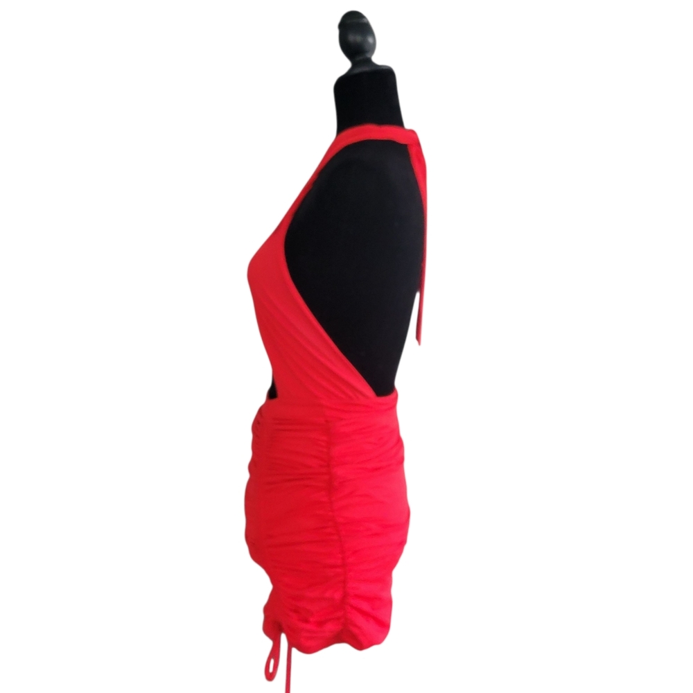 BABYBOO RED RUCHED HALTER CRISSCROSS SEXY DRESS - Picture 3 of 6